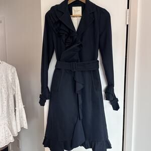 Kate Spade New York Navy Ruffle Trench Coat Size 6 Cotton Blend Statement